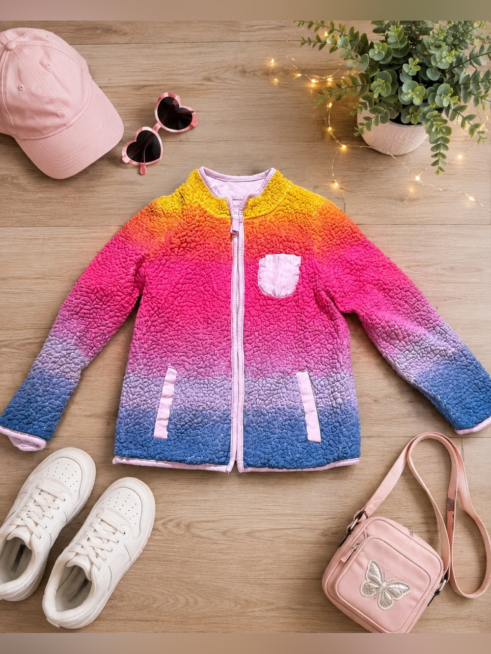 Cat & Jack Girls M 7/8 Rainbow Ombré Sherpa Fleece Full Zip Jacket